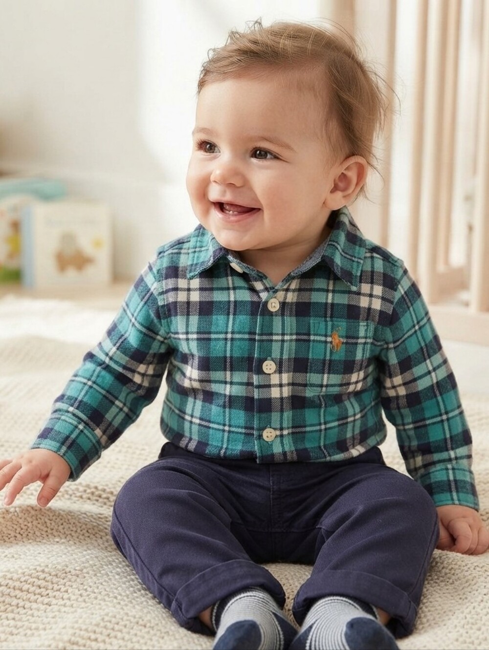 GAP 3-6M Baby Plaid Onesie and Dark Pants Set